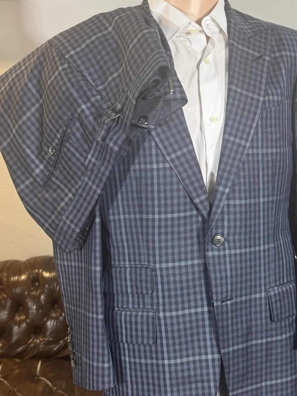 Tom Ford Blue Plaid Peak Lapel Suit Silk 48 38R US O'Connor 34x27 Trousers